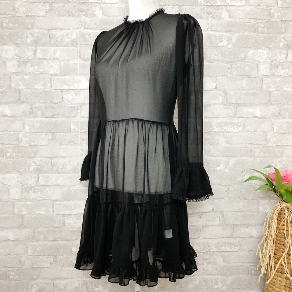 NWOT GENERATION LOVE Black Chiffon Ruffle Long Sleeve Semi Sheer Mini Dress Sm - Picture 2 of 16